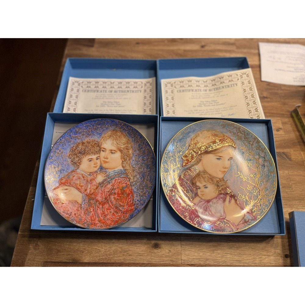 Edna Hibel Mother's Day Plates - 1985 & 1986 Boxed COA Collector's 8" Lot Of 2
